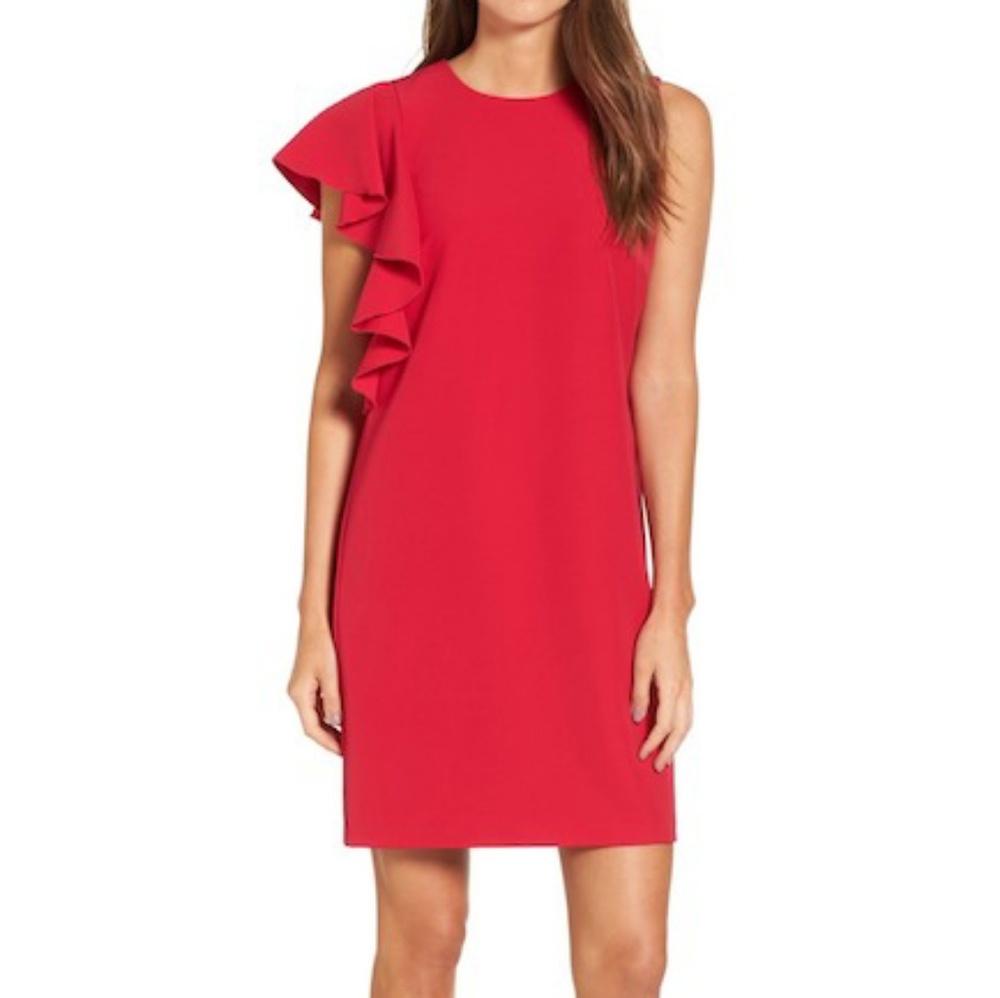 Maggy London Raspberry One Shoulder Ruffle Sheath